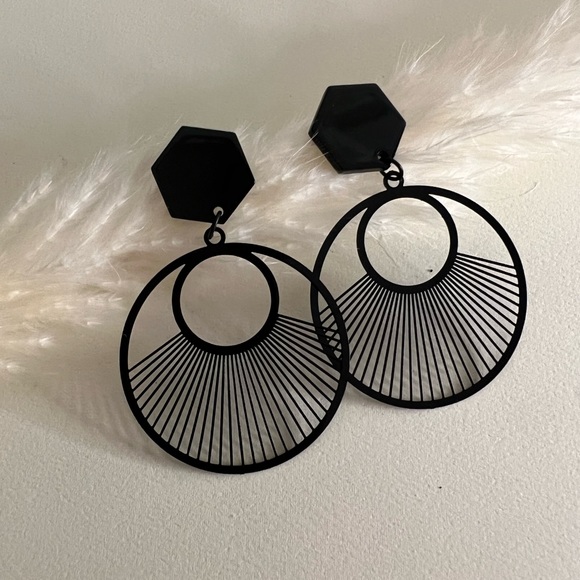 Black Art Deco Geometric Classic Dangle Earrings - Minimalist Statement Earrings - Picture 5 of 14